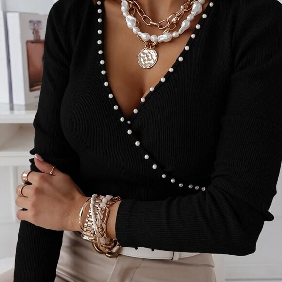 2/$40 Black Pearl Trim Wrap Top Elegant V-Neck Long Sleeve Fall Winter Stylish L - Picture 4 of 7